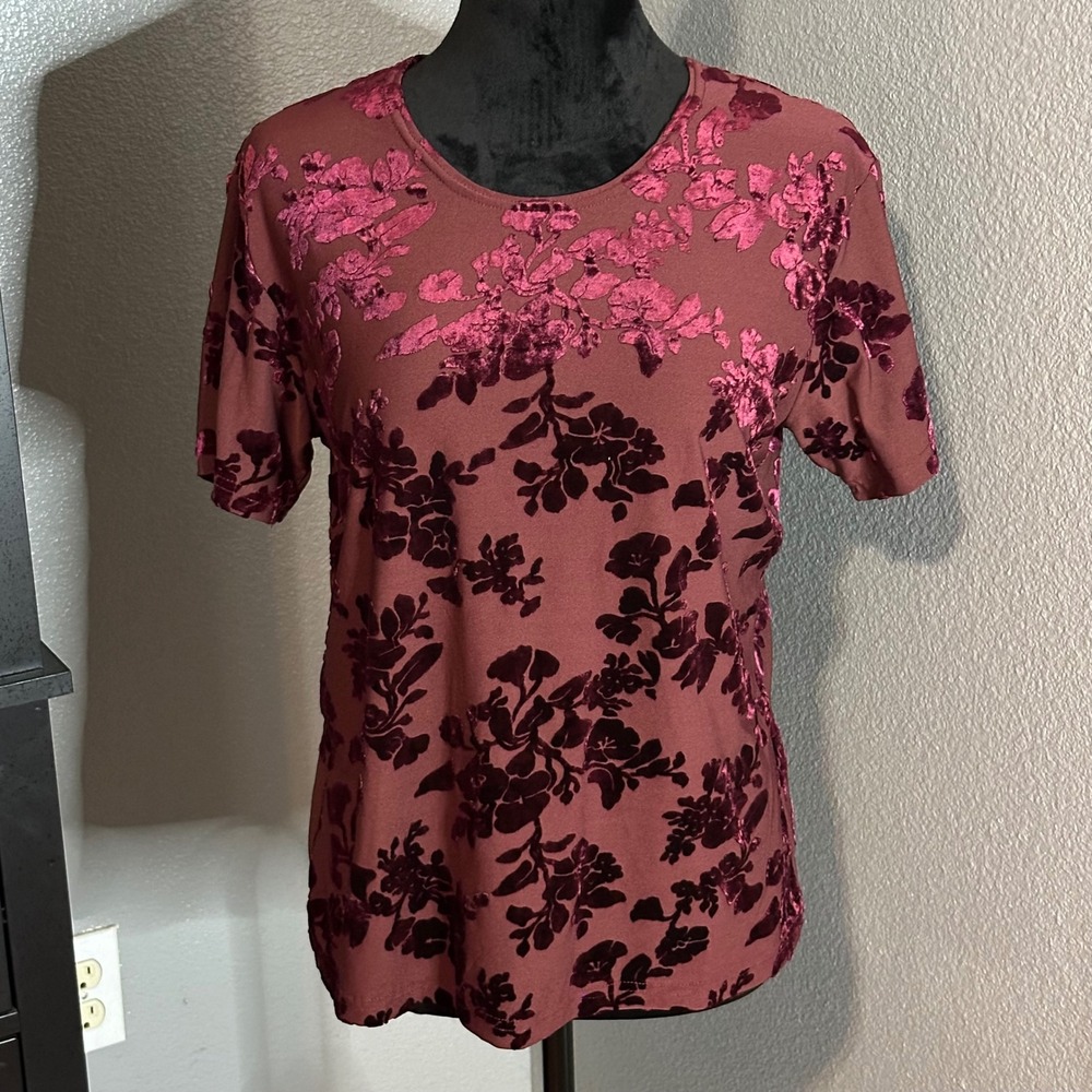Impressions Burnout‎ Velvet Floral Top Medium Burgundy Whimsigoth Y2K Grunge